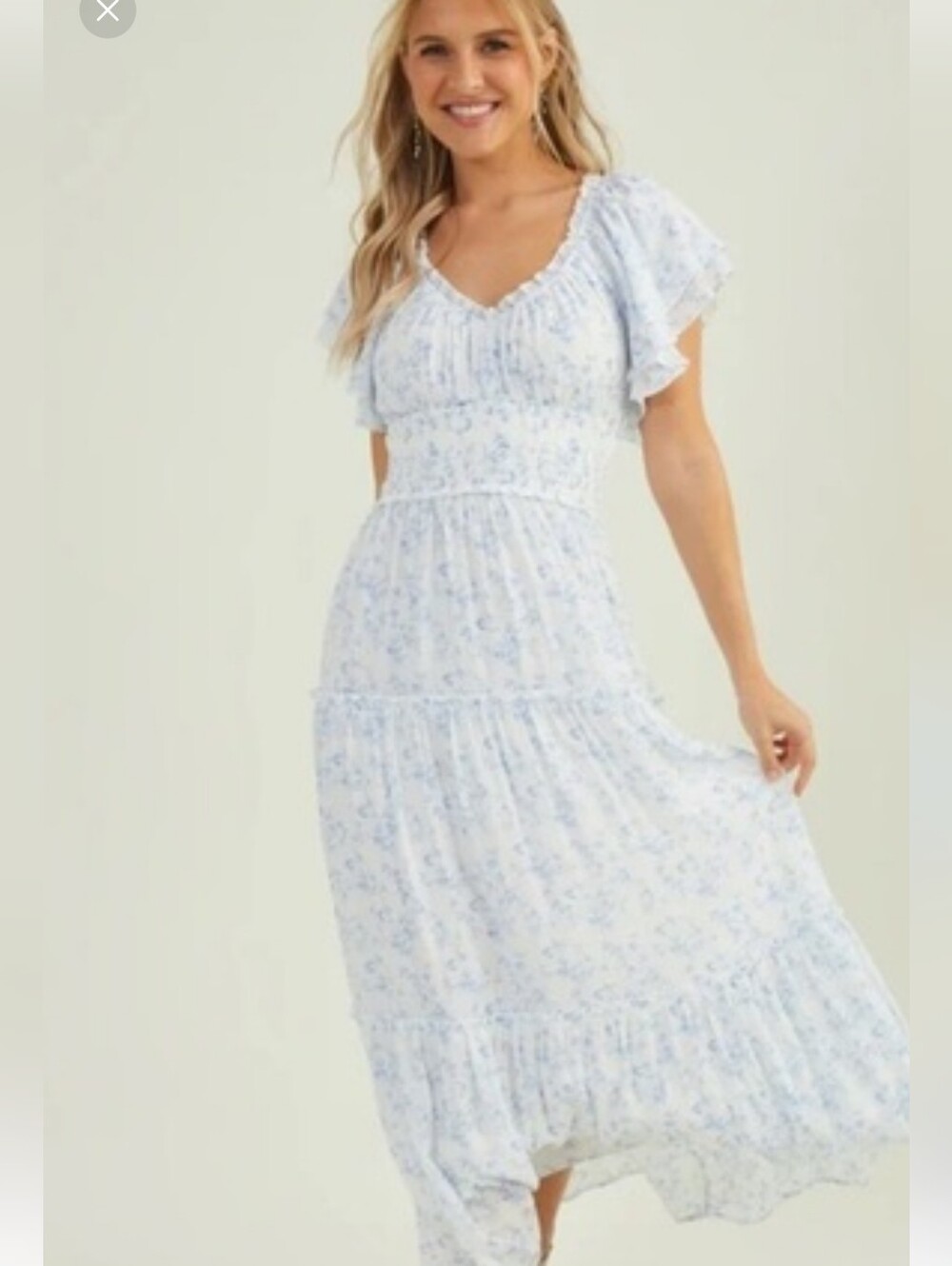 Light Blue Floral Midi Dress with Ruffle Sleeves - Picture 2 of 3